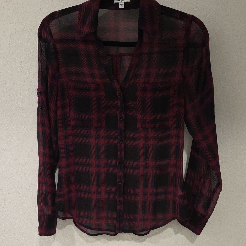 Express Red and Black Plaid Button-Down Shirt